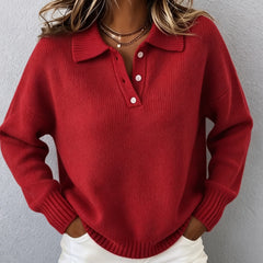 Doris Polo Collar Button Placket Sweater in Red