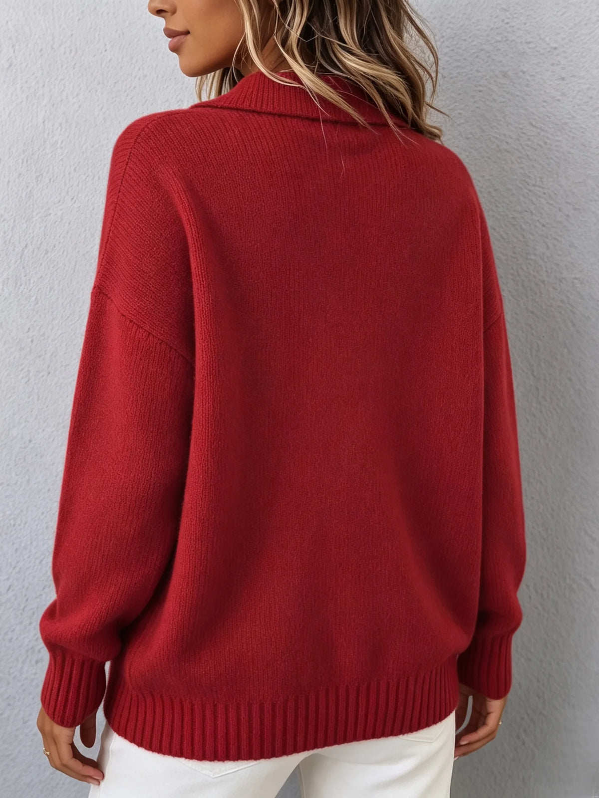 Doris Polo Collar Button Placket Sweater in Red