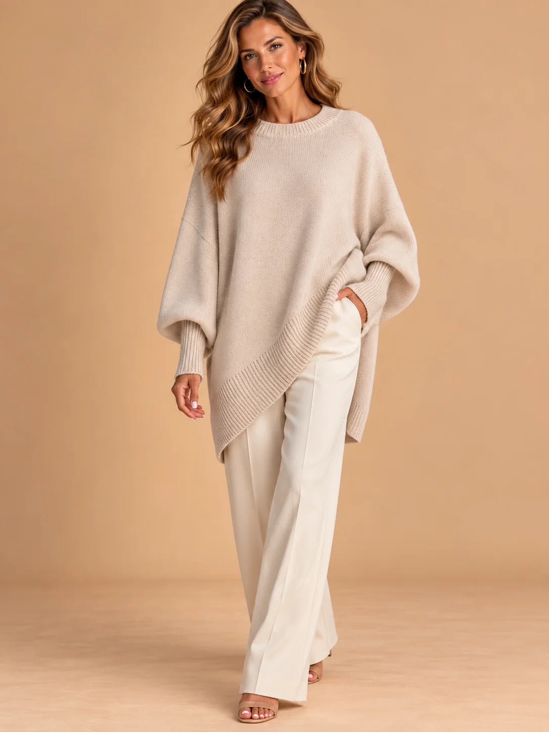 Dorothy Draped Wide Neck Oversized Sweater in Beige
