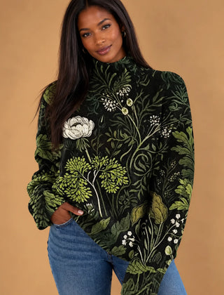 Edith Botanical Print Turtleneck Sweater in Green