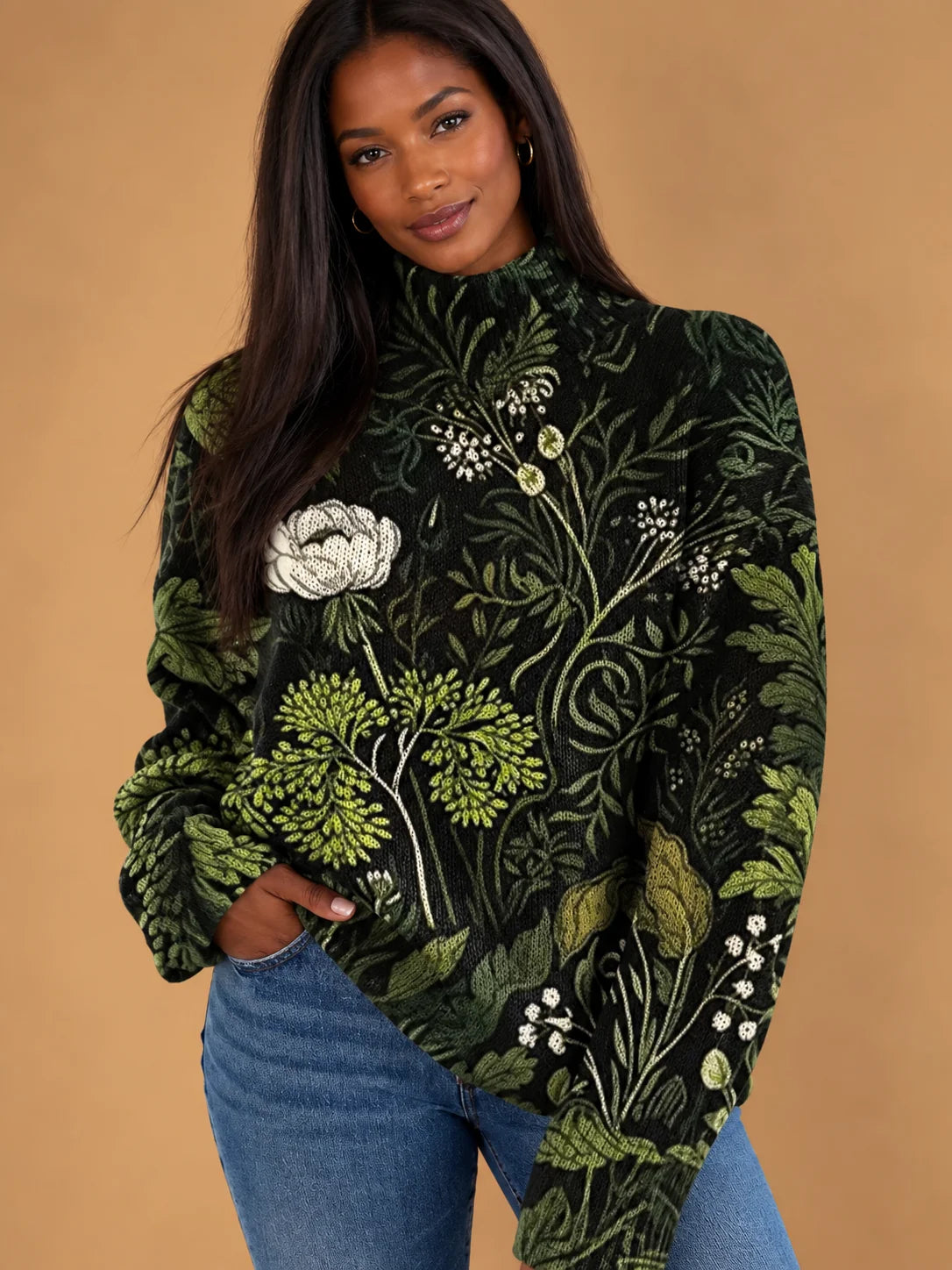 Edith Botanical Print Turtleneck Sweater in Green