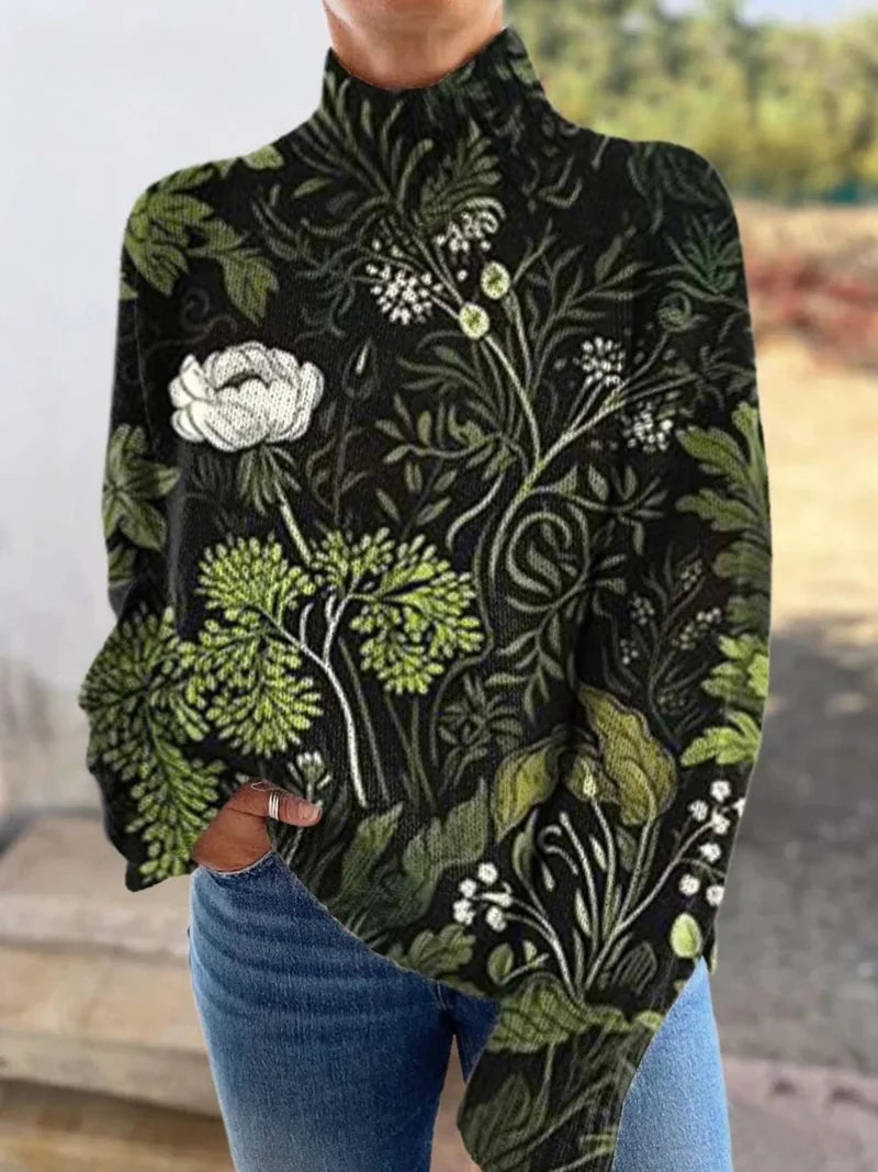 Edith Botanical Print Turtleneck Sweater in Green