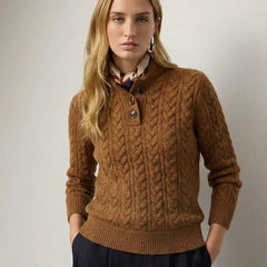 Eileen Button Collar Cable Sweater in Camel Brown