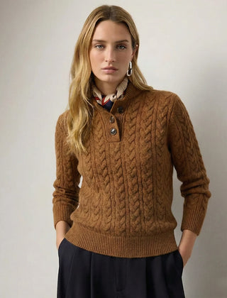 Eileen Button Collar Cable Sweater in Camel Brown