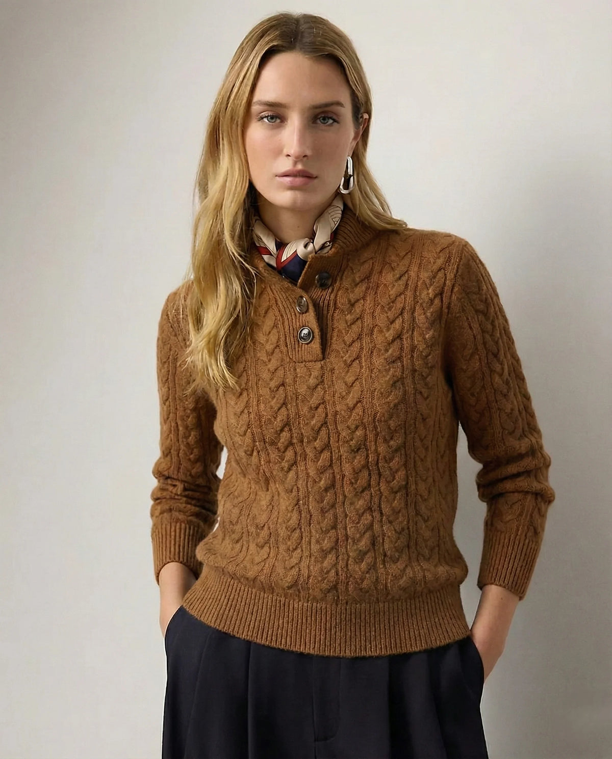 Eileen Button Collar Cable Sweater in Camel Brown