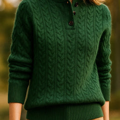 Eileen Button Collar Cable Sweater in Forest Green