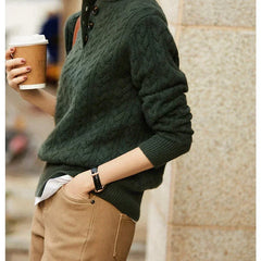 Eileen Button Collar Cable Sweater in Forest Green