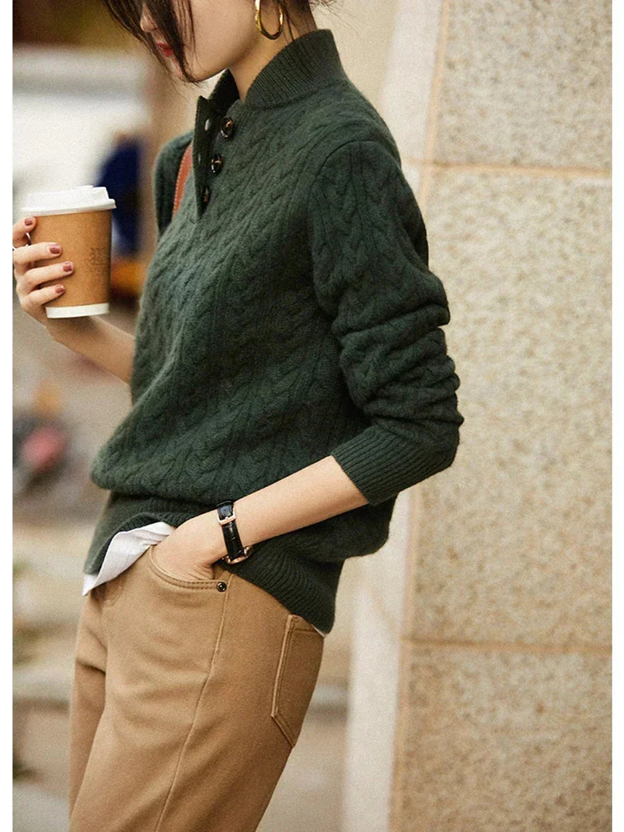 Eileen Button Collar Cable Sweater in Forest Green