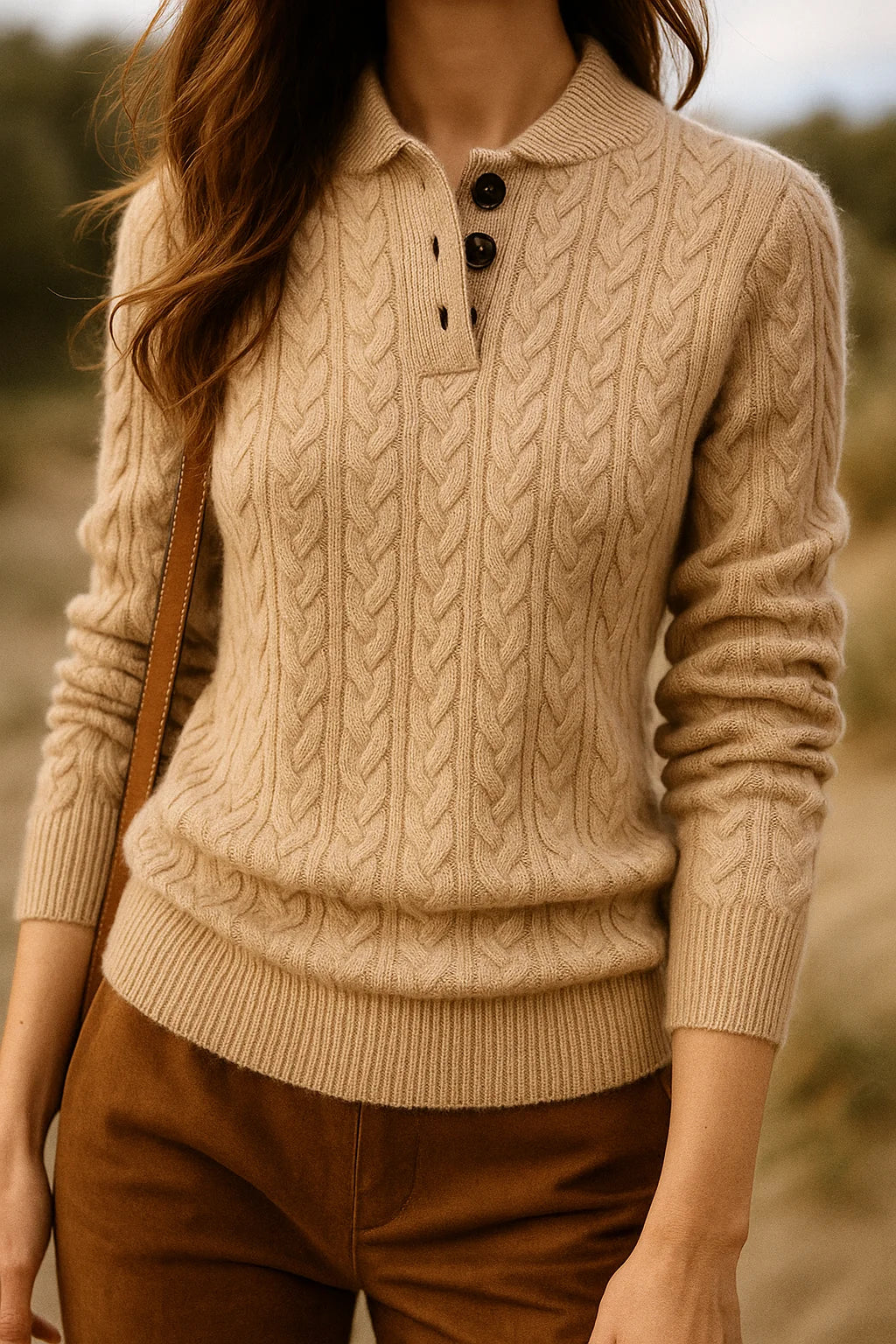 Eileen Button Collar Cable Sweater in Forest Green
