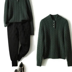 Eileen Button Collar Cable Sweater in Forest Green