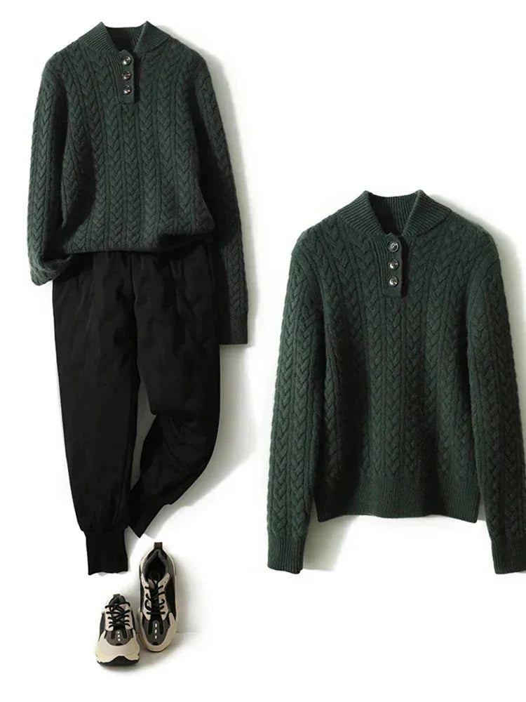 Eileen Button Collar Cable Sweater in Forest Green