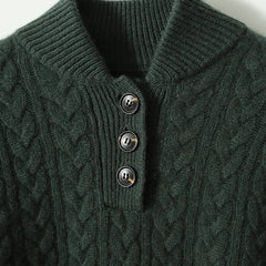 Eileen Button Collar Cable Sweater in Forest Green