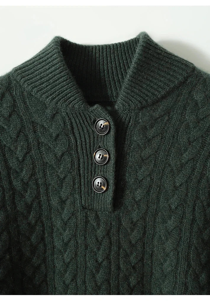 Eileen Button Collar Cable Sweater in Forest Green