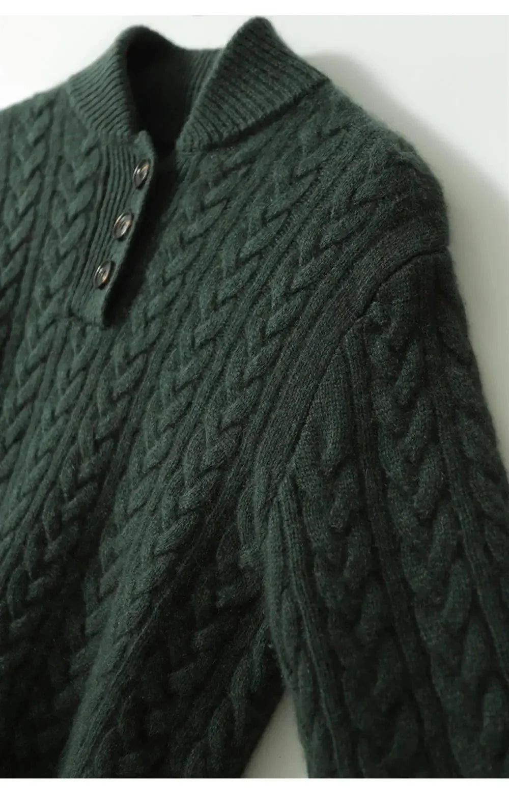 Eileen Button Collar Cable Sweater in Forest Green