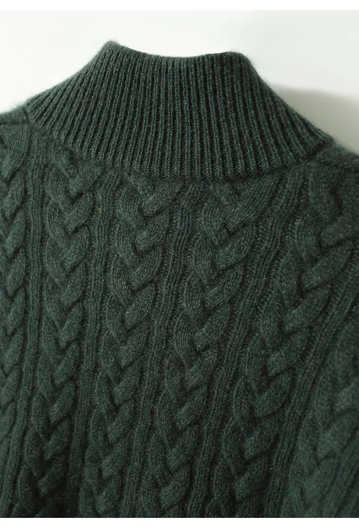 Eileen Button Collar Cable Sweater in Forest Green