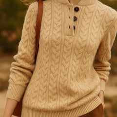 Eileen Button Collar Cable Sweater in Khaki