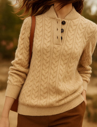 Eileen Button Collar Cable Sweater in Khaki