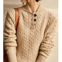 Eileen Button Collar Cable Sweater in Khaki