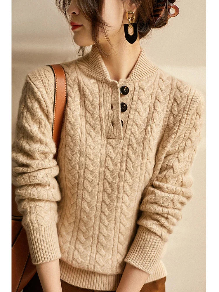 Eileen Button Collar Cable Sweater in Khaki