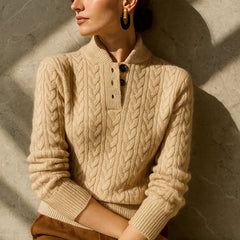 Eileen Button Collar Cable Sweater in Khaki