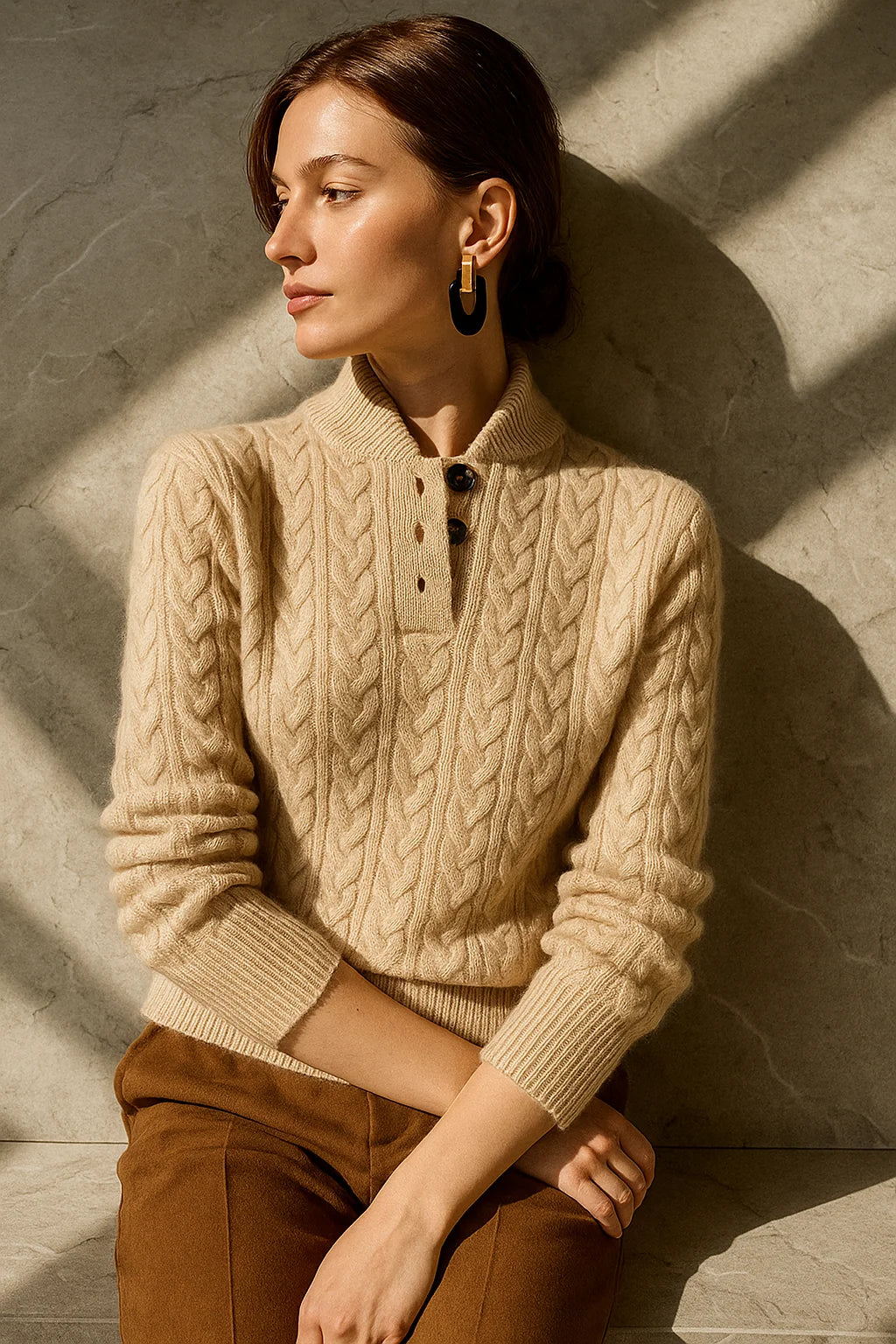 Eileen Button Collar Cable Sweater in Khaki