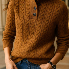 Eileen Button Collar Cable Sweater in Camel Brown