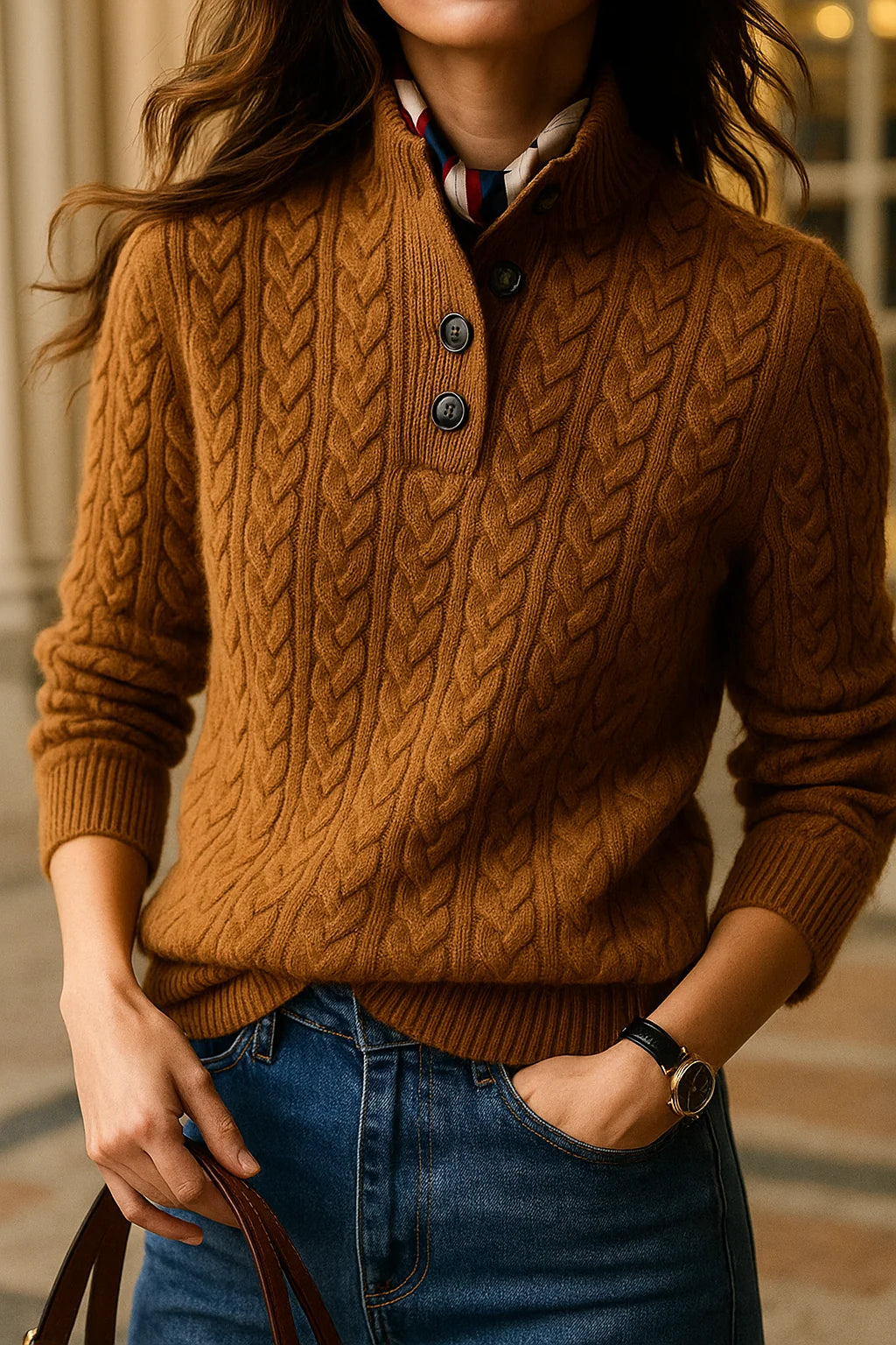 Eileen Button Collar Cable Sweater in Camel Brown