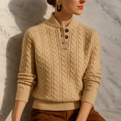 Eileen Button Collar Cable Sweater in Khaki