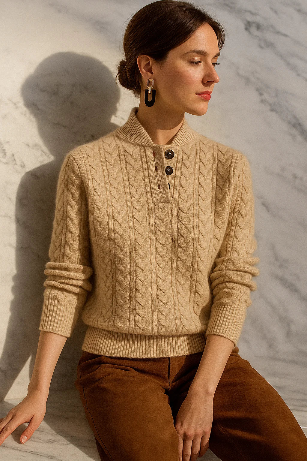 Eileen Button Collar Cable Sweater in Khaki