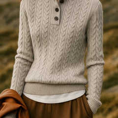 Eileen Button Collar Cable Sweater in Light Grey