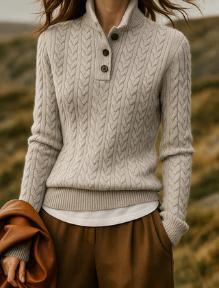 Eileen Button Collar Cable Sweater in Light Grey