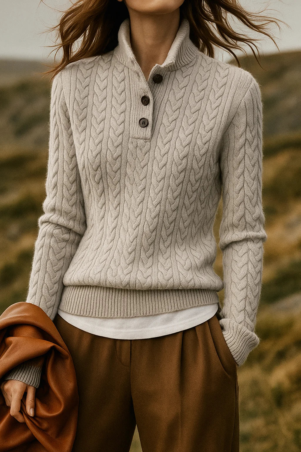 Eileen Button Collar Cable Sweater in Light Grey