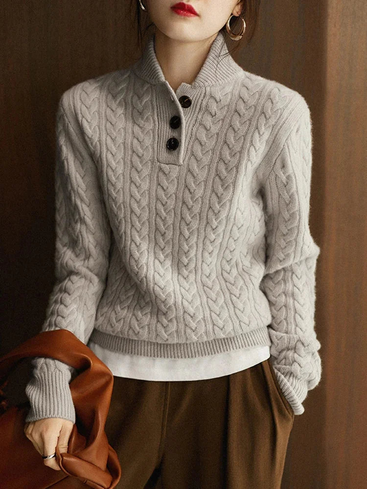 Eileen Button Collar Cable Sweater in Light Grey