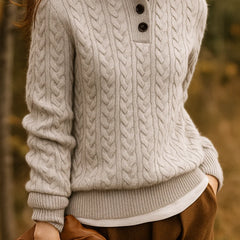 Eileen Button Collar Cable Sweater in Light Grey