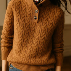Eileen Button Collar Cable Sweater in Camel Brown