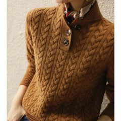 Eileen Button Collar Cable Sweater in Camel Brown