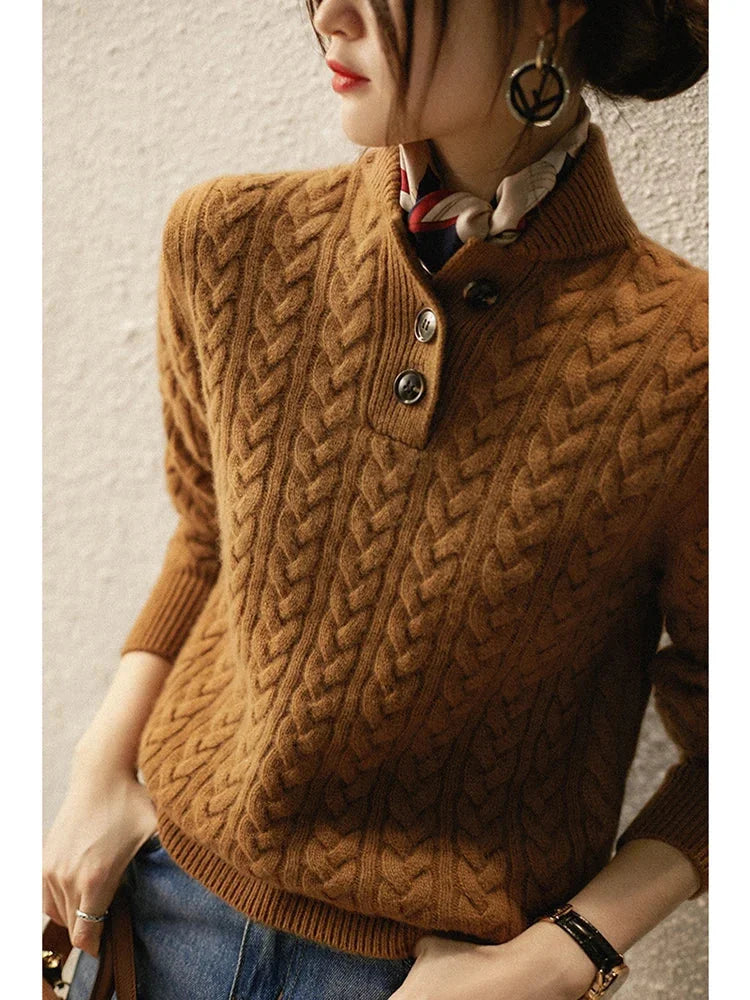 Eileen Button Collar Cable Sweater in Camel Brown