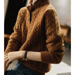 Eileen Button Collar Cable Sweater in Camel Brown