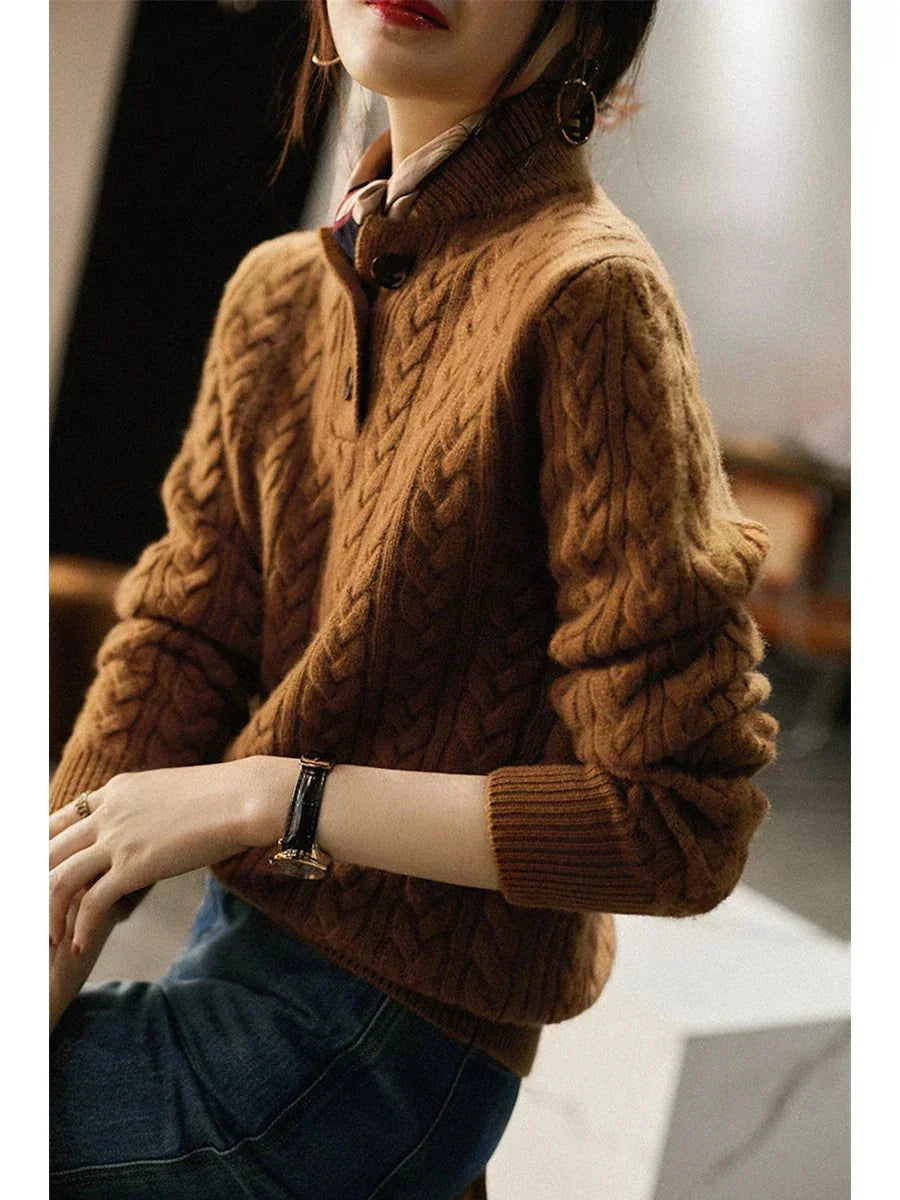 Eileen Button Collar Cable Sweater in Camel Brown