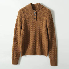 Eileen Button Collar Cable Sweater in Camel Brown