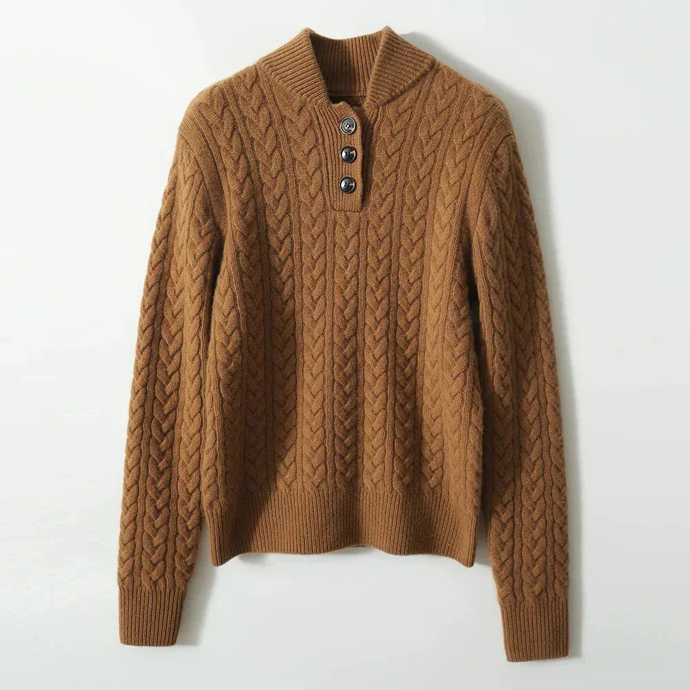 Eileen Button Collar Cable Sweater in Camel Brown