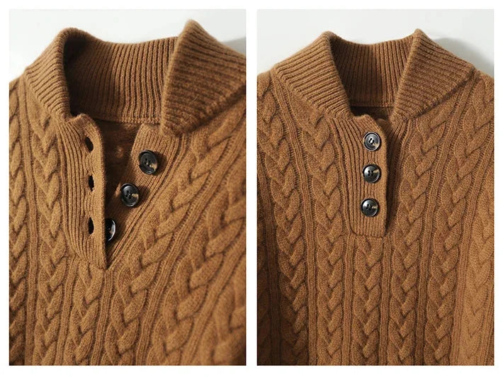 Eileen Button Collar Cable Sweater in Camel Brown