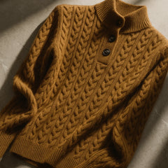 Eileen Button Collar Cable Sweater in Camel Brown