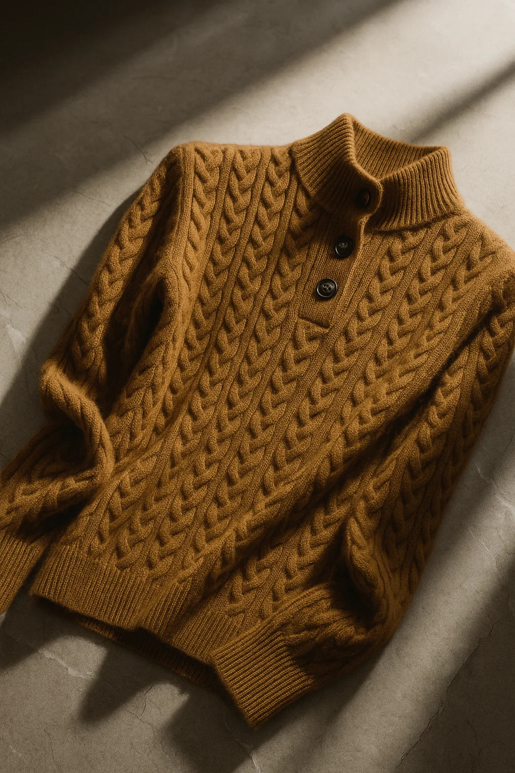 Eileen Button Collar Cable Sweater in Camel Brown