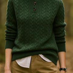 Eileen Button Collar Cable Sweater in Forest Green