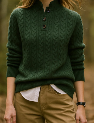Eileen Button Collar Cable Sweater in Forest Green
