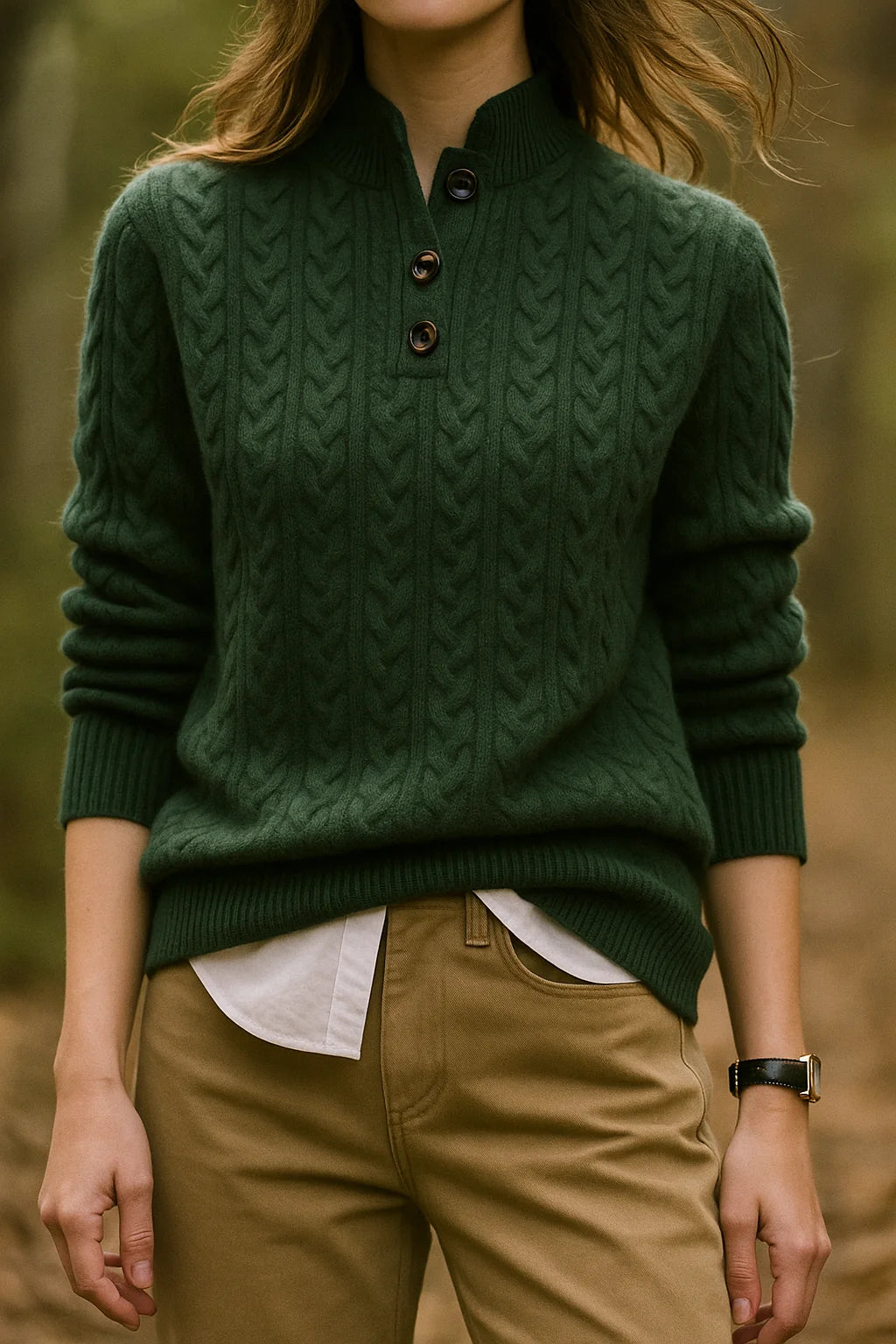 Eileen Button Collar Cable Sweater in Forest Green