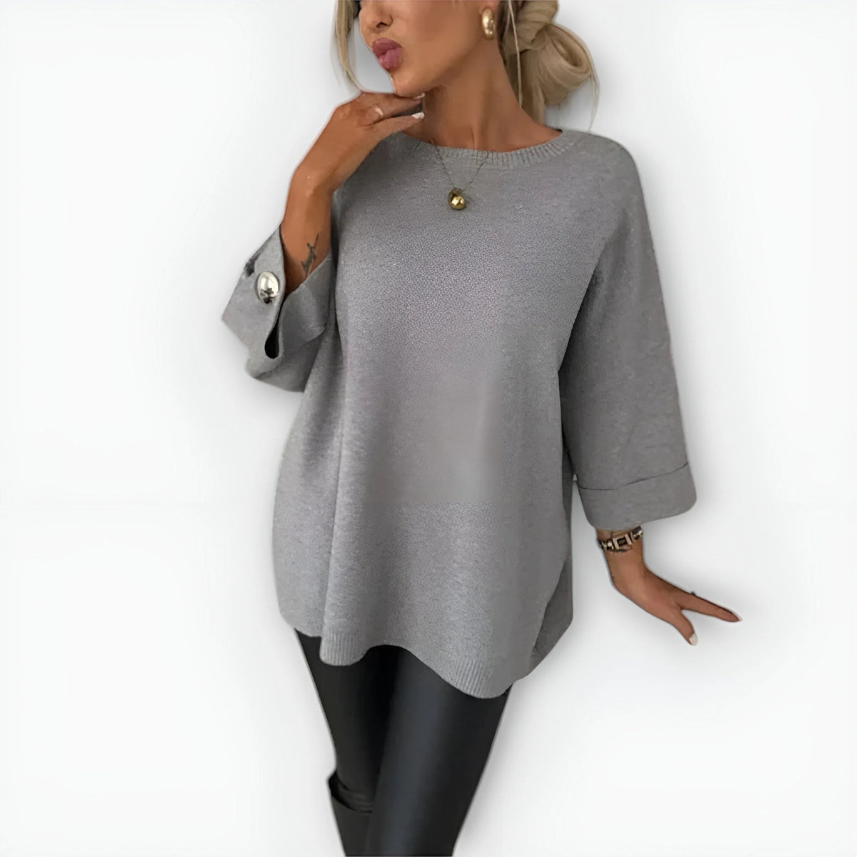 Elaine Wide Sleeve Tunic Sweater in Grey