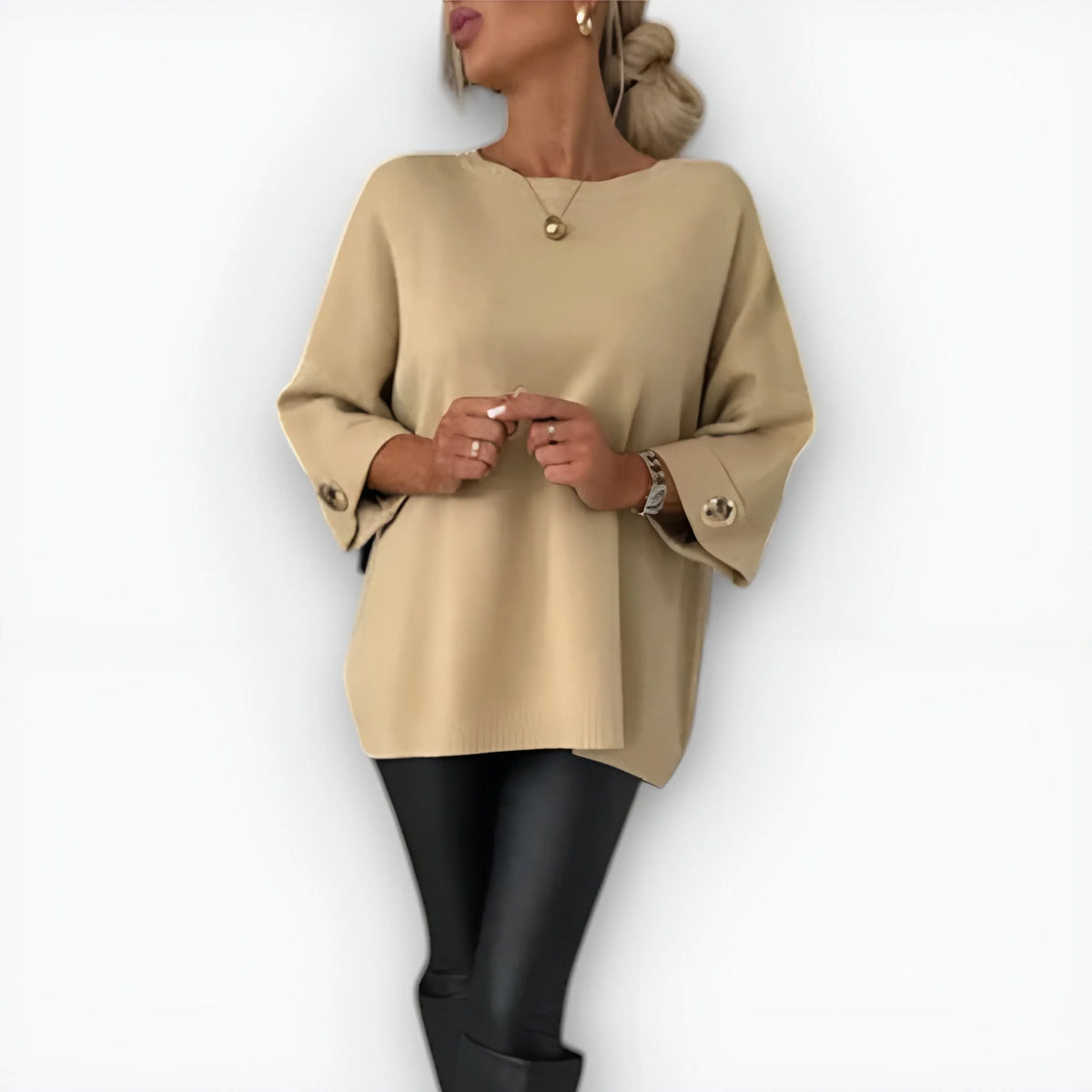 Elaine Wide Sleeve Tunic Sweater in Beige