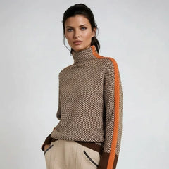 Elena Herringbone Turtleneck with Contrast Stripes in Brown & Orange